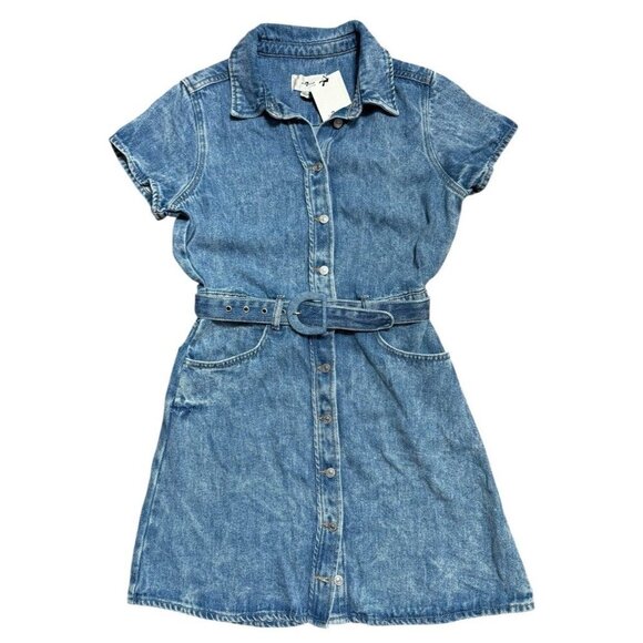 7 For All Mankind Sz M Dress Denim Collared Mini Shirtdress Blue Boho Classic - Picture 3 of 10